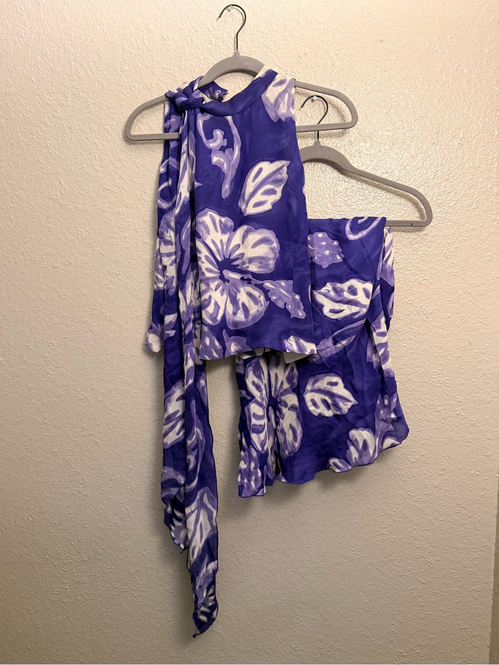Floral Tie-Shoulder Two-Piece Top in Purple and White with Matching Skirt